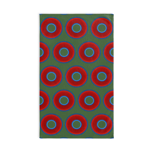 Lumpy Kitchen/Hand Towels - vivid red donuts w/dark green background