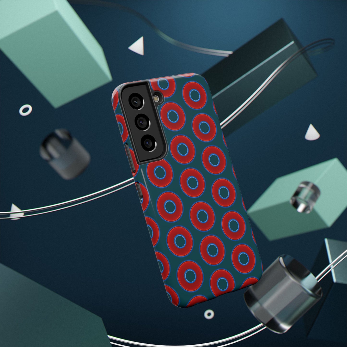 Impact-Resistant Lumpy Donut Case - red vivid donut print w/midnight green background