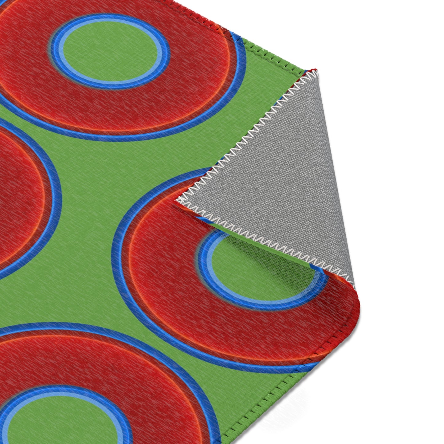 Lumpy Donut Print Rug - choice of 3 sizes - vivid red donut print w/light green background