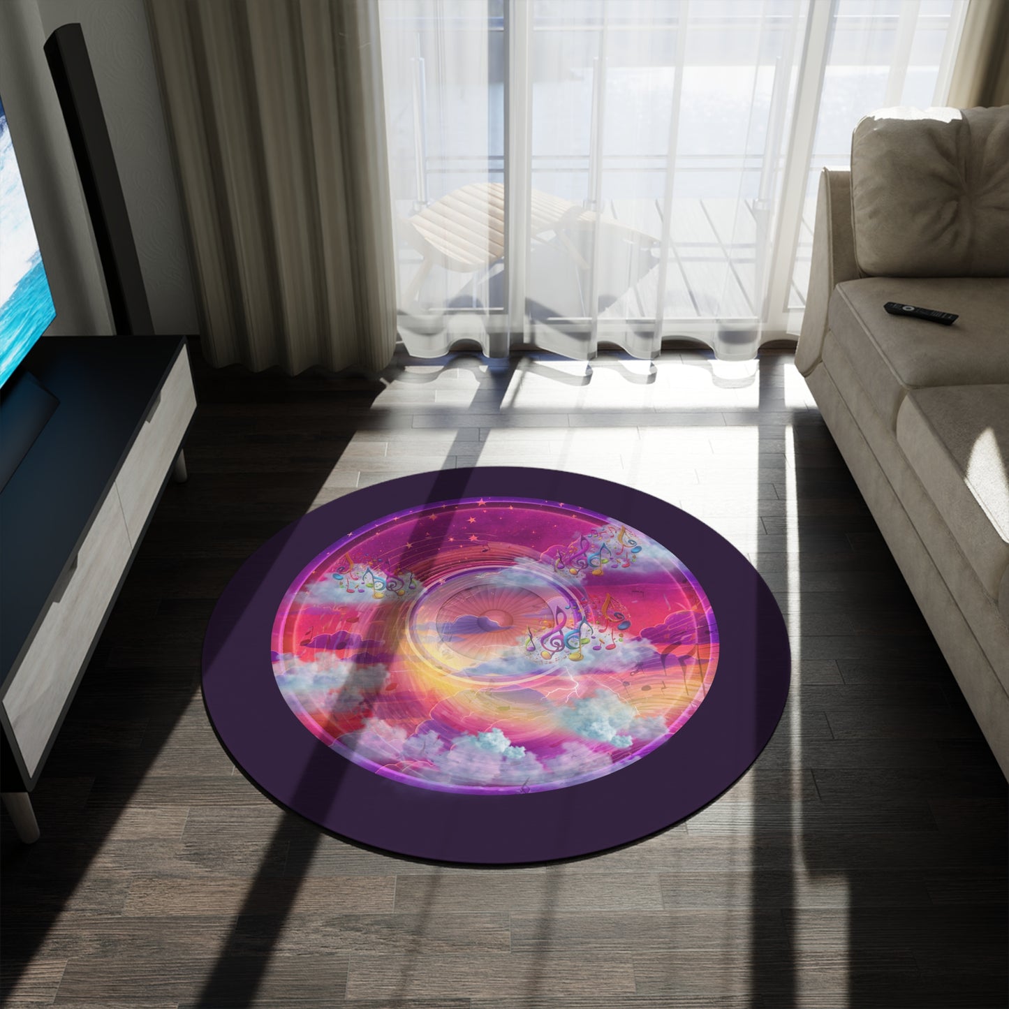 Round Room - 5 ft x 5 ft Lumpy Donut Rug - "Pillow Donuts of the Floor (Rug)" - vivid purple/magenta donut w/midnight purple background