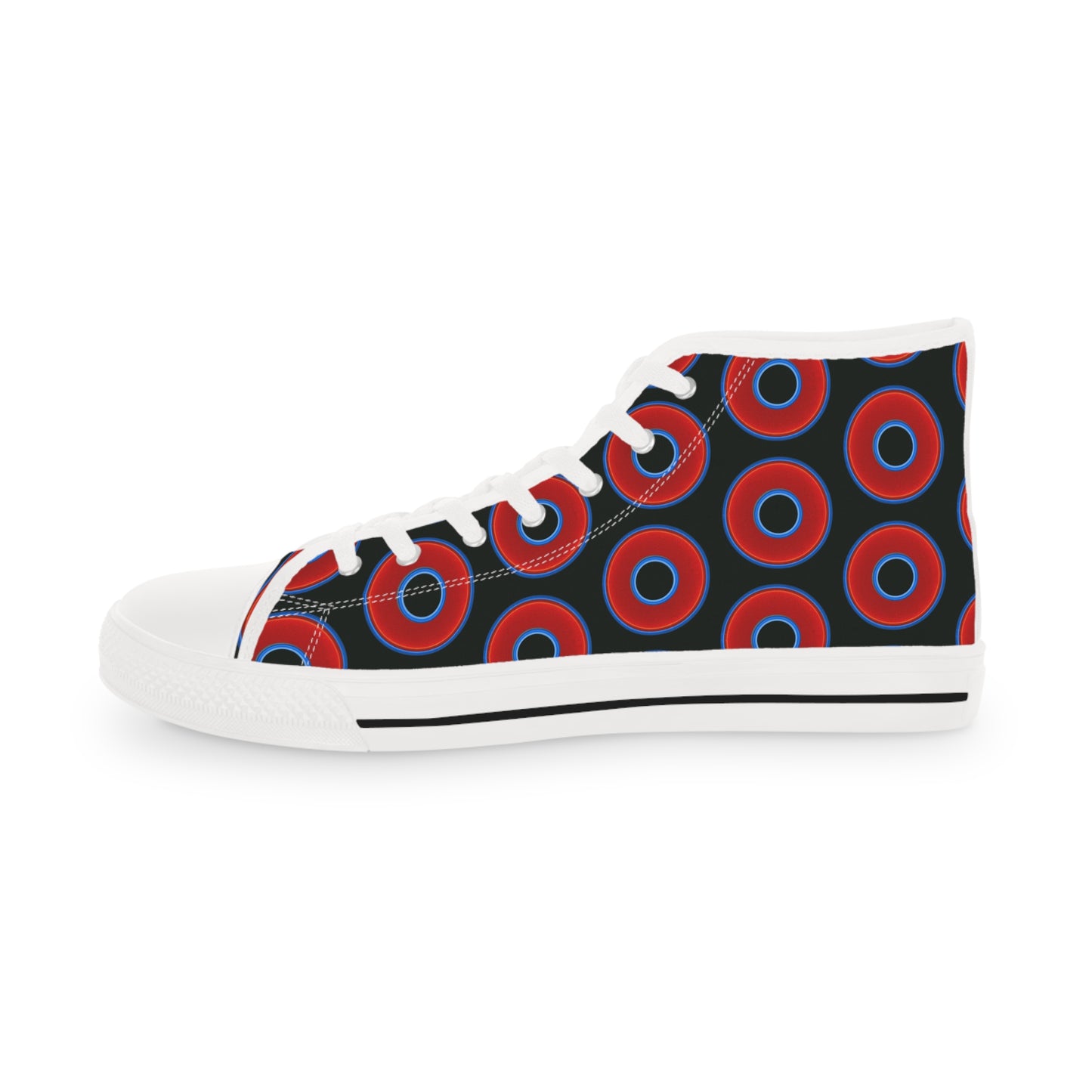 Men's High Top Chucks - large vivid red donut print w/midnight moss green background