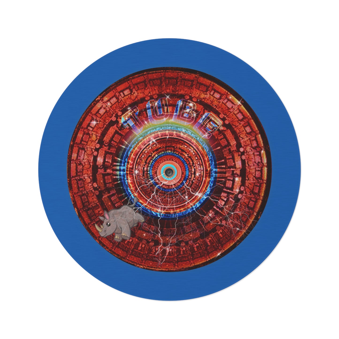 Round Room - 5 ft x 5 ft Lumpy Donut Rug - "Rhinos Do Run From Thunder & Donut Rugs" - vivid red/blue tube donut w/dark royal blue background - variant 2