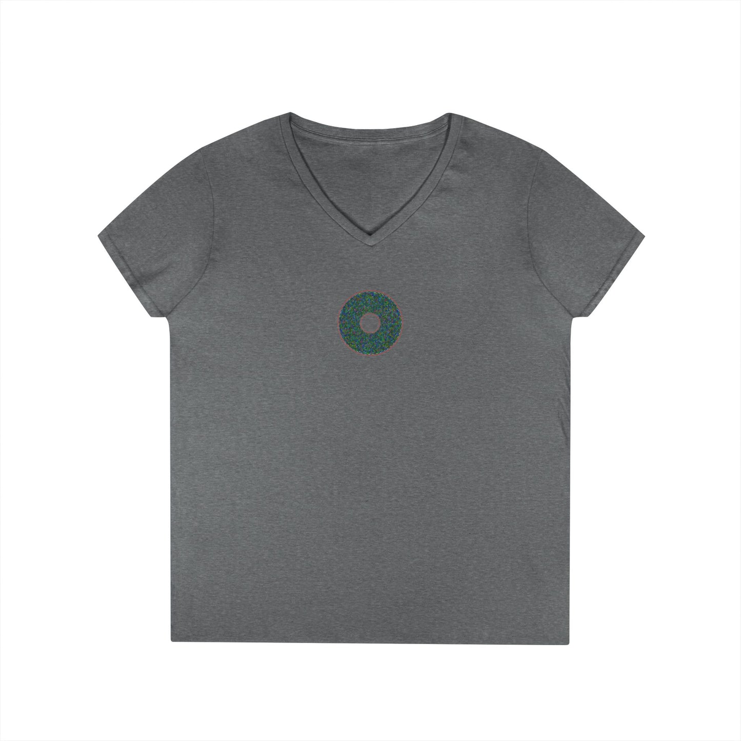 Women's Donut V-Neck Tee - "The Pixilated Donut" - multicolor pixel donut w/wide red outline