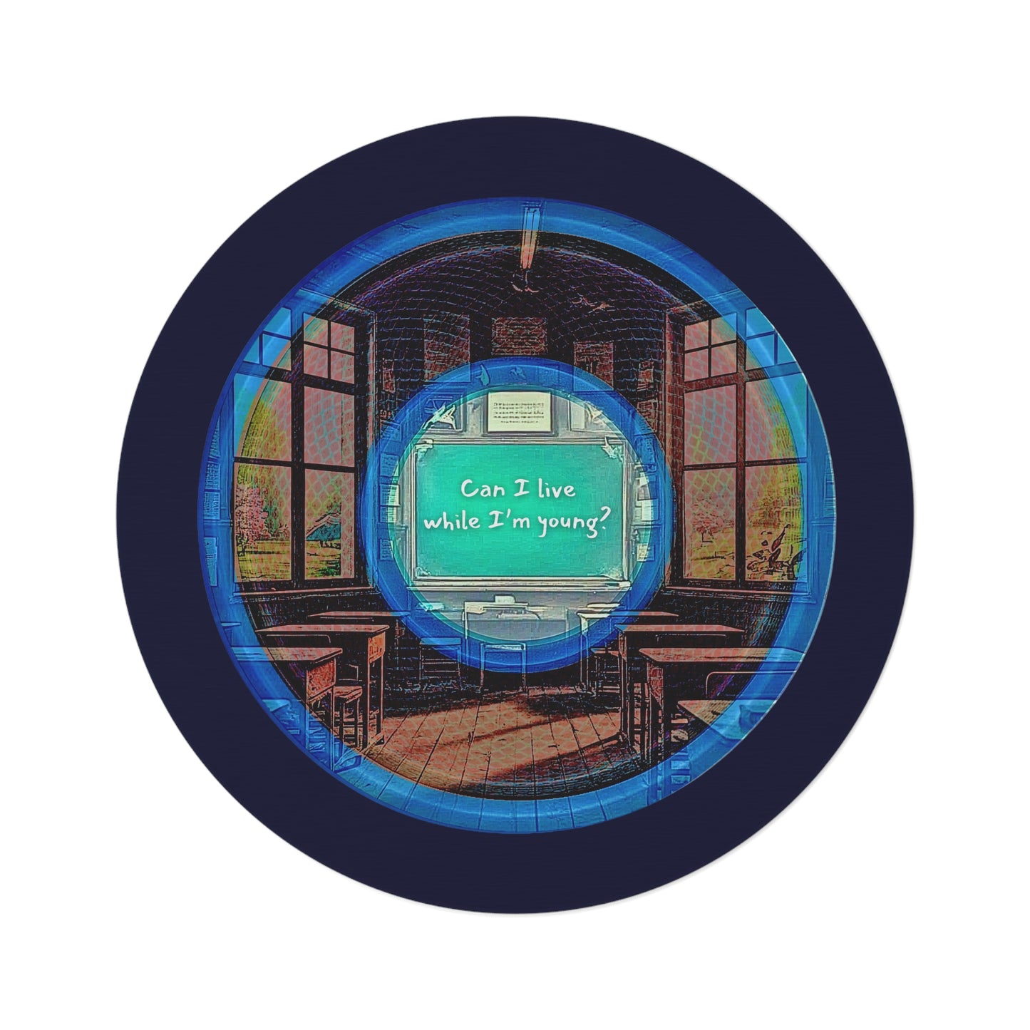 Round Room - 5 ft x 5 ft Lumpy Donut Rug - "The Torturous Donut Rug" - rustic red/blue pic donut w/dark navy background