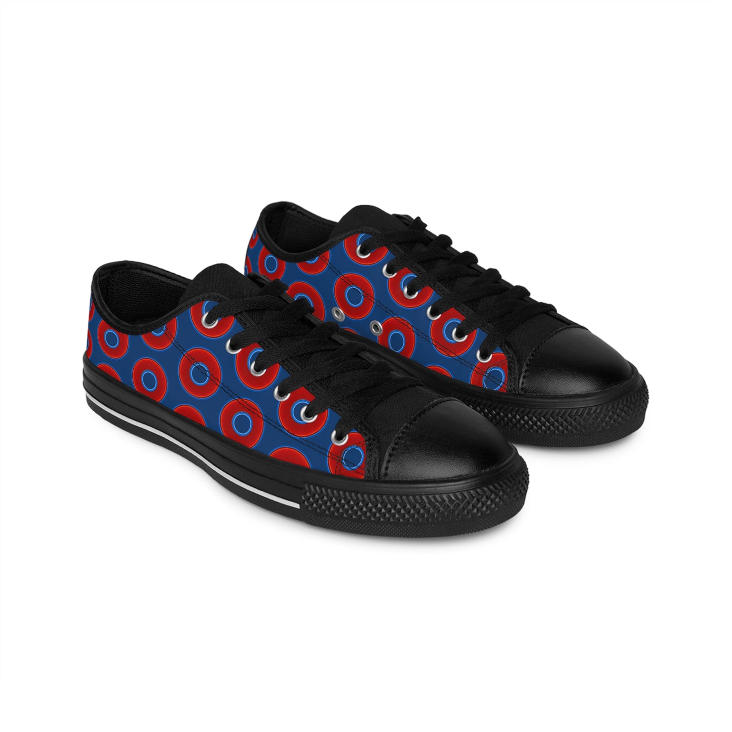 Women's Cushiony Convectors - Low Top - large red vivid donut print w/Atlantic navy blue background