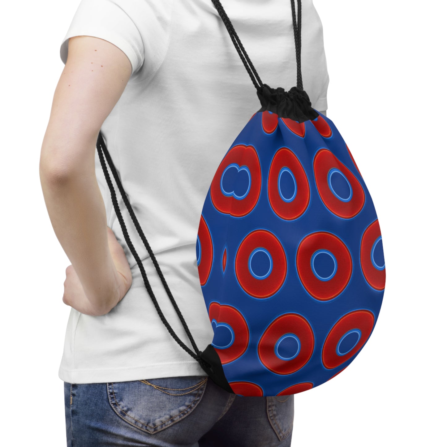 Lumpy Donut Drawstring Bag - red vivid donuts print w/dark blue background