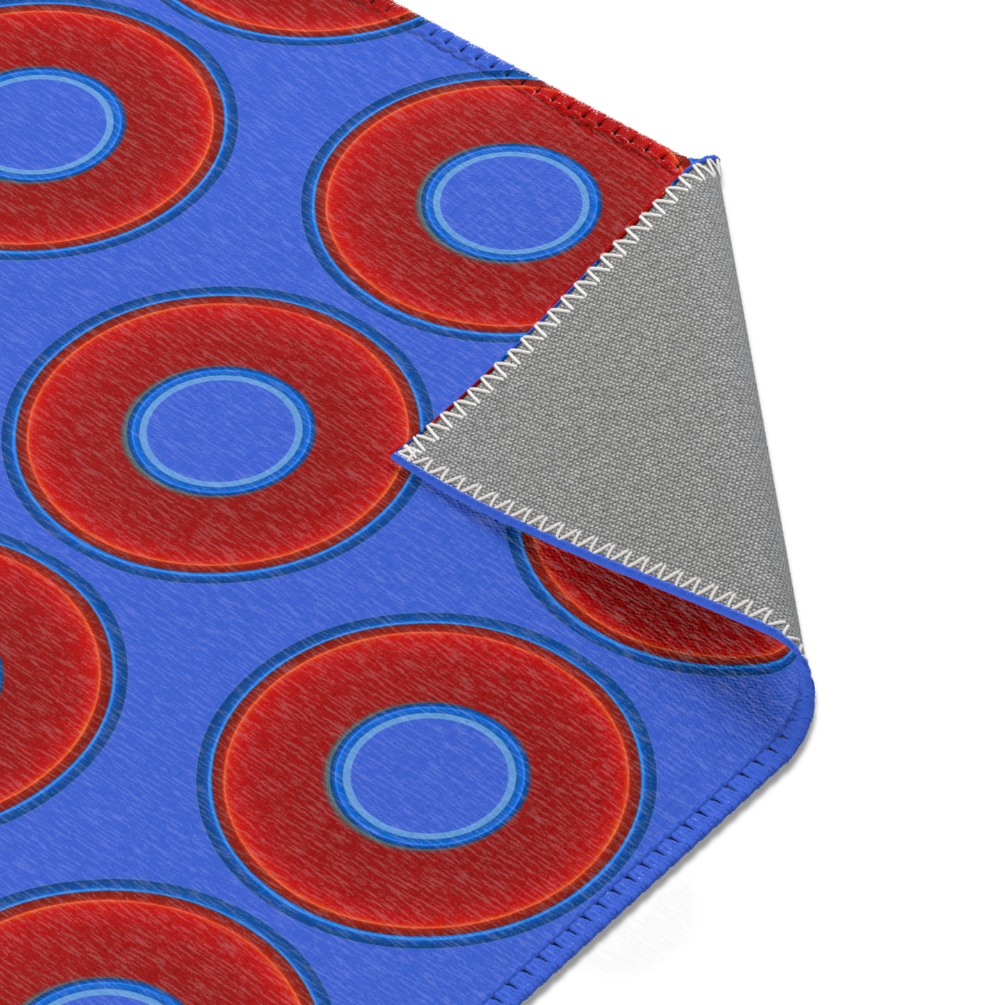 Lumpy Donut Print Rug - choice of 3 sizes - vivid red donut print w/royal blue background