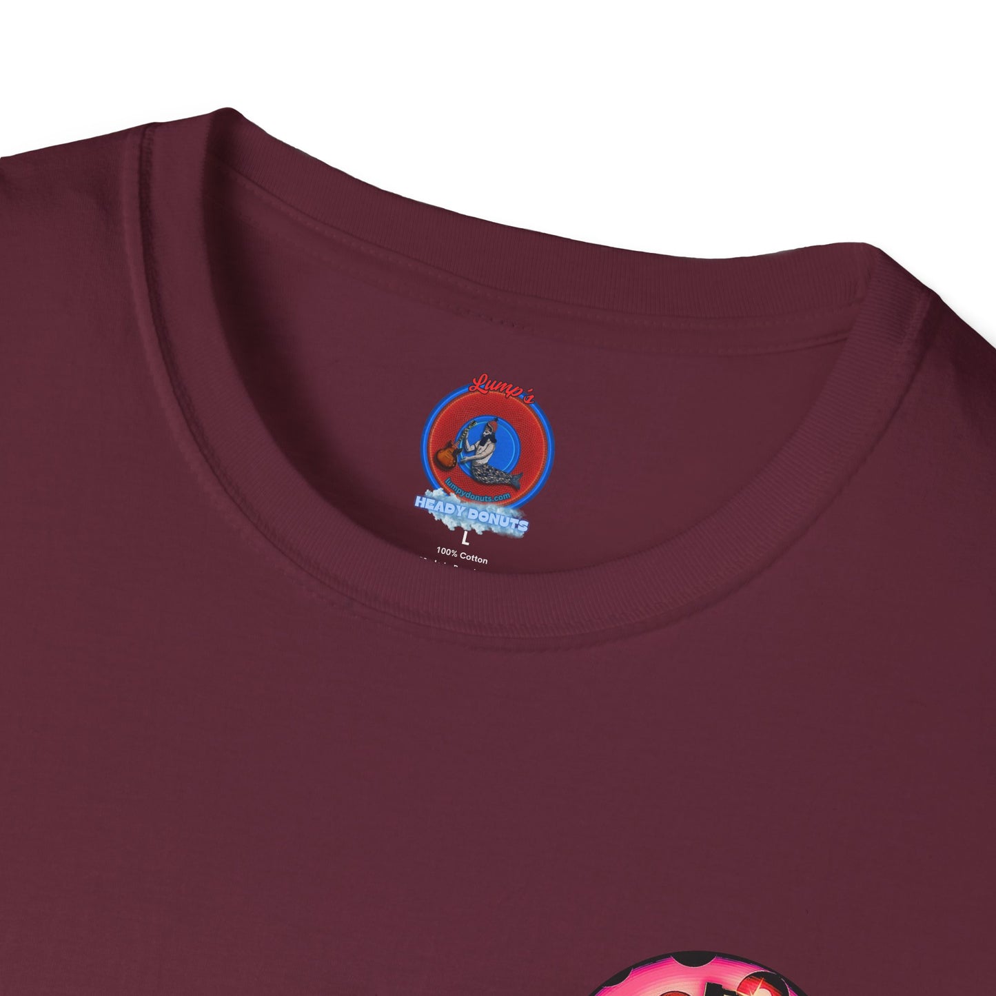 Classic Donut Tee - Unisex Soft-Style - "Would You Be My Donut?" - paradoxical faded magenta/red donut - variant 1