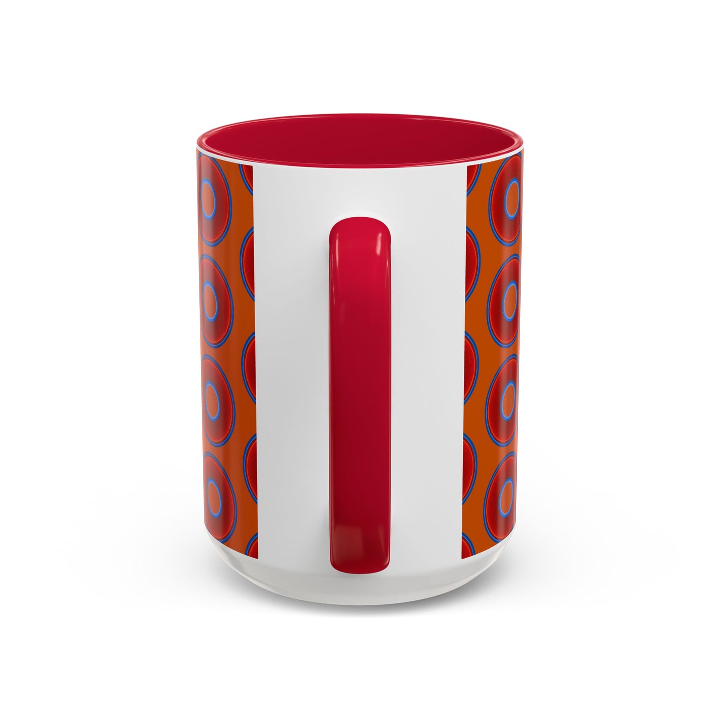 Lump's Grumpy Coffee Mug - vivid red donuts w/dark orange background
