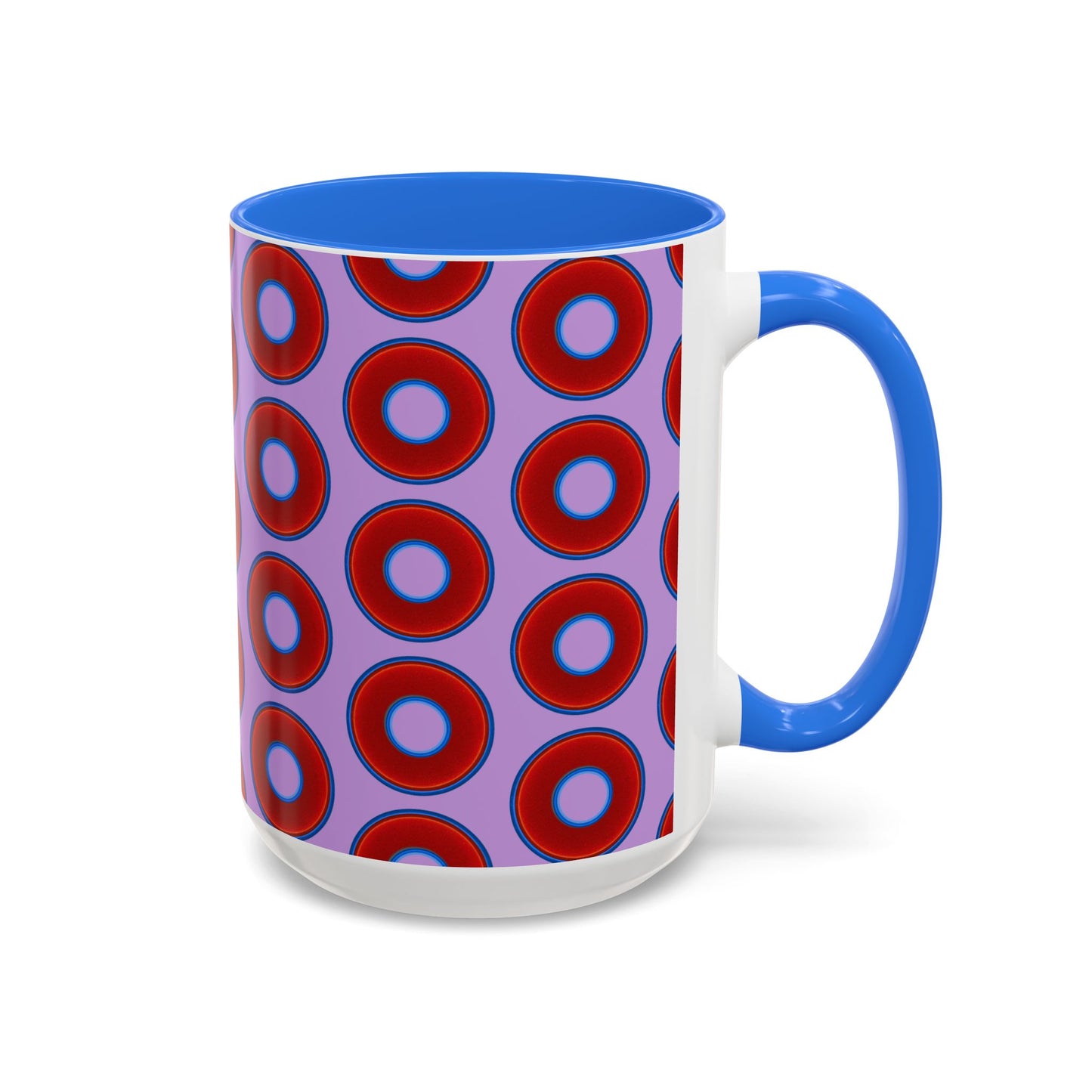 Lump's Grumpy Coffee Mug - vivid red donuts w/wisteria purple background