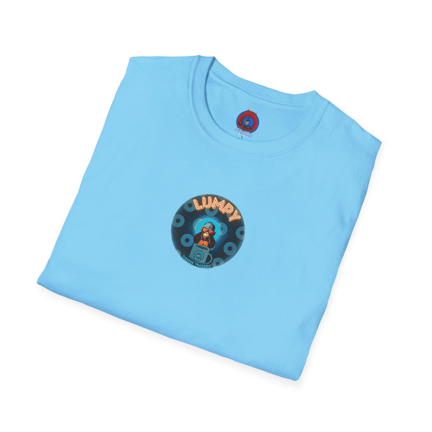 Lumpy Coffee Traders Tee - Unisex Soft-Style - "Good to Last Leaky Drop" - paradoxical ocean donut - variant 1 - logo front/coffee back