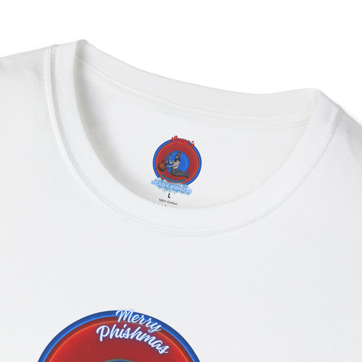 Classic Donut Tee - Unisex Soft-Style - "Phishmas Caroler's Tee " - vivid red/blue donut - variant 2