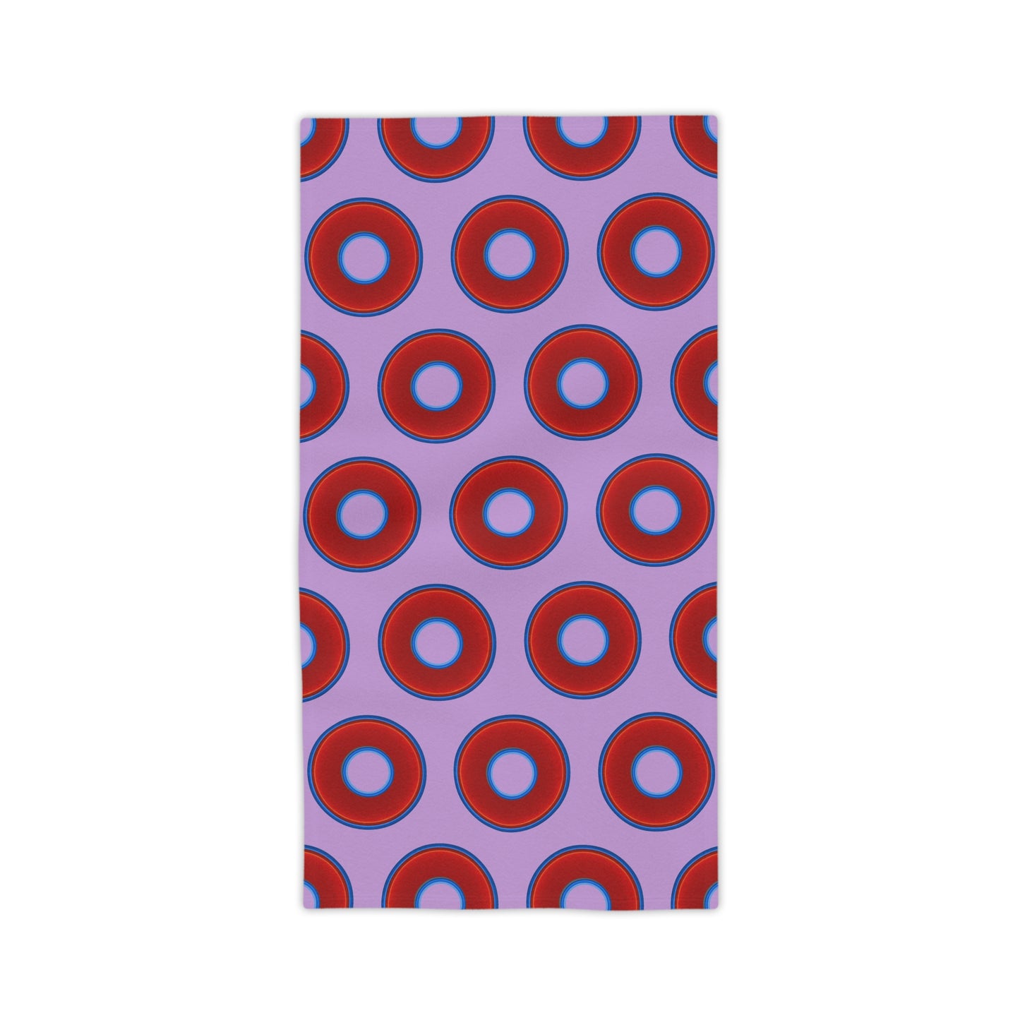 Lumpy Donut Towels - vivid red donuts w/wisteria purple background