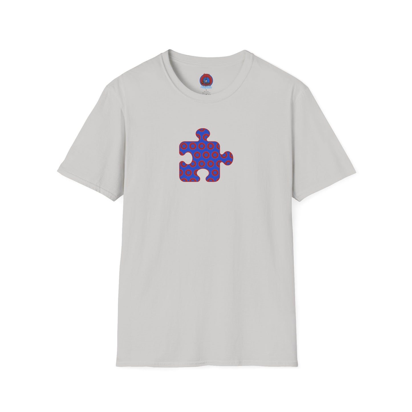Classic Donut Tee - Unisex Soft-Style - "Trey's Completed Donut Pattern" - vivid red/blue puzzle pattern - variant 2