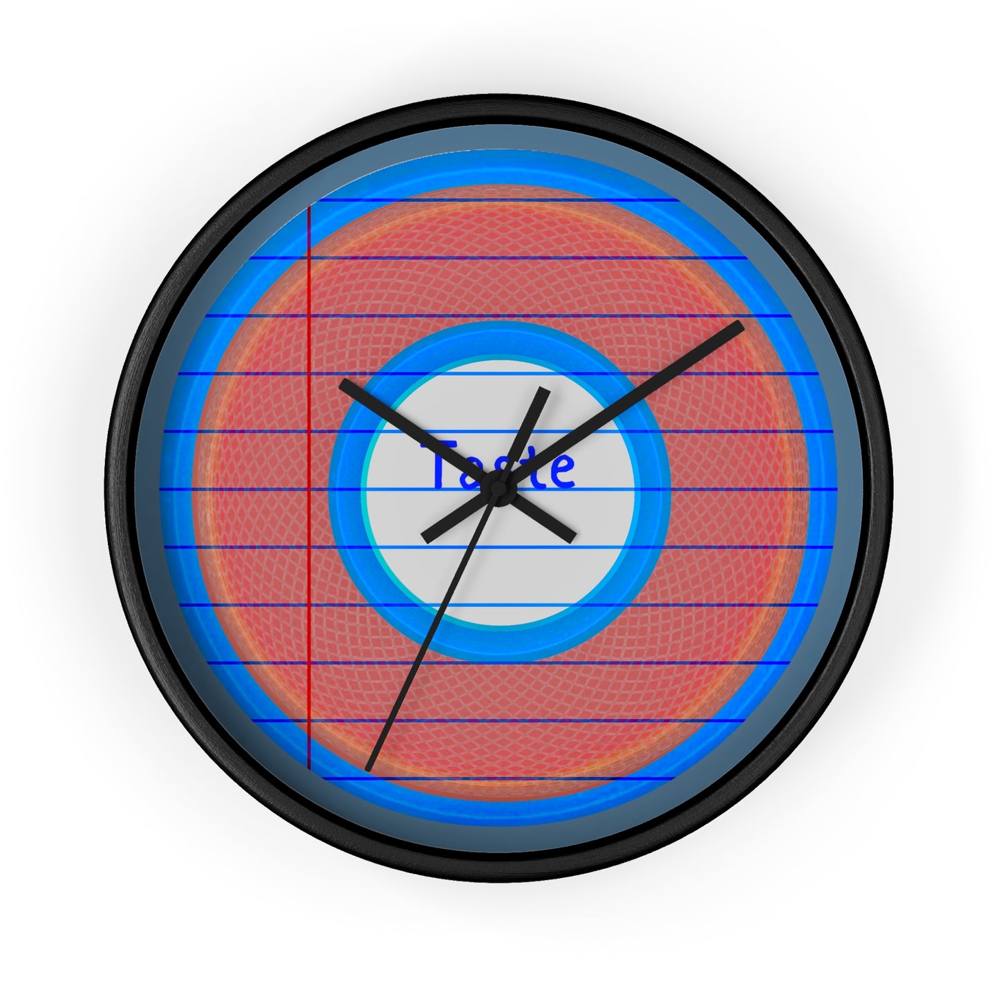 Lumpy Wall Clock - "Tasty Donut Clock" - variant 1 - rustic red donut w/lines/paper & steel blue background