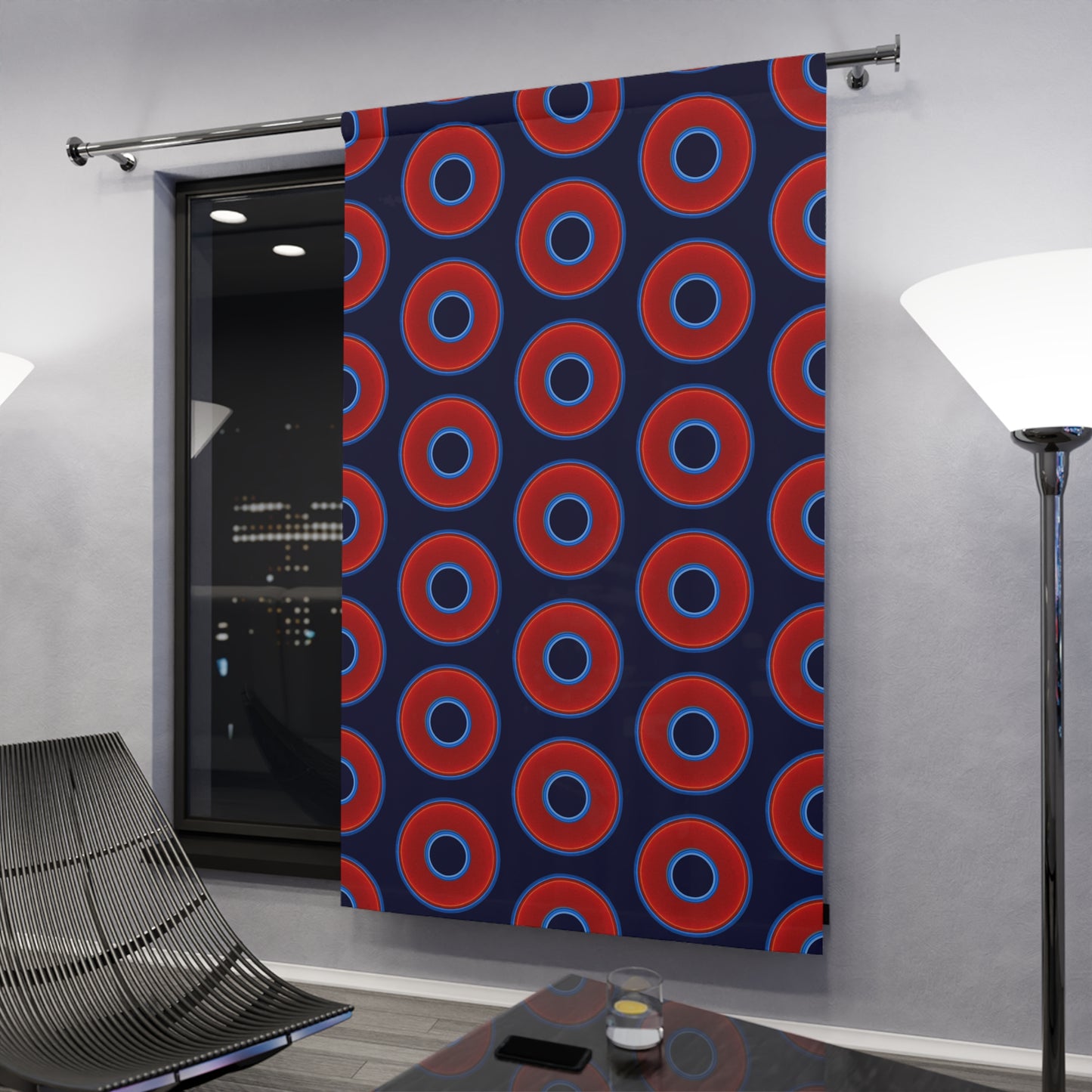 Lump's Heady Curtain w/Donuts - vivid red donut print - w/midnight blue background - [*1 Piece / 50" x 84"]