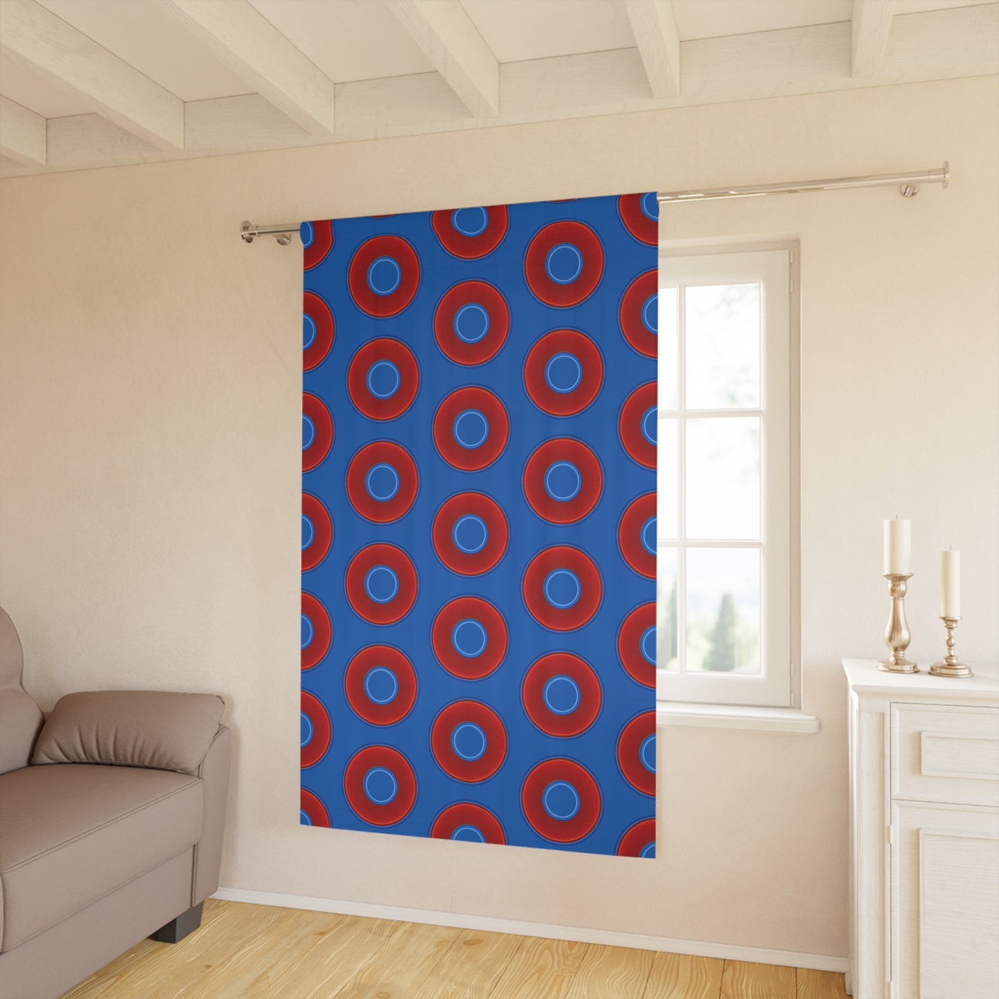 Lump's Heady Curtain w/Donuts - vivid red donut print - w/dark royal blue background - [*1 Piece / 50" x 84"]