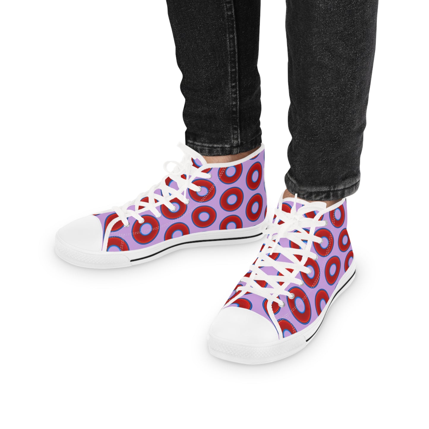 Men's High Top Chucks - large vivid red donut print w/wisteria purple background