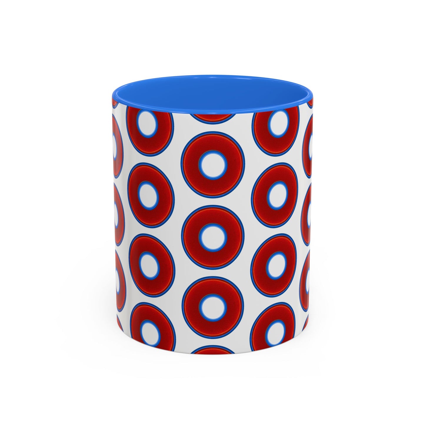 Lump's Grumpy Coffee Mug - vivid red donuts w/white background