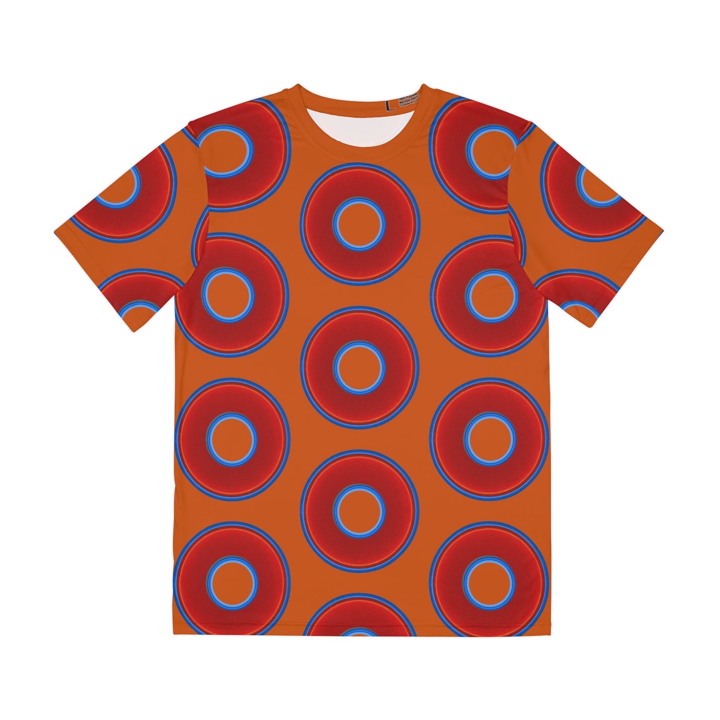 Multi-Beastie Giant Donut AOP Polyester Tee - red vivid donut print w/dark orange background