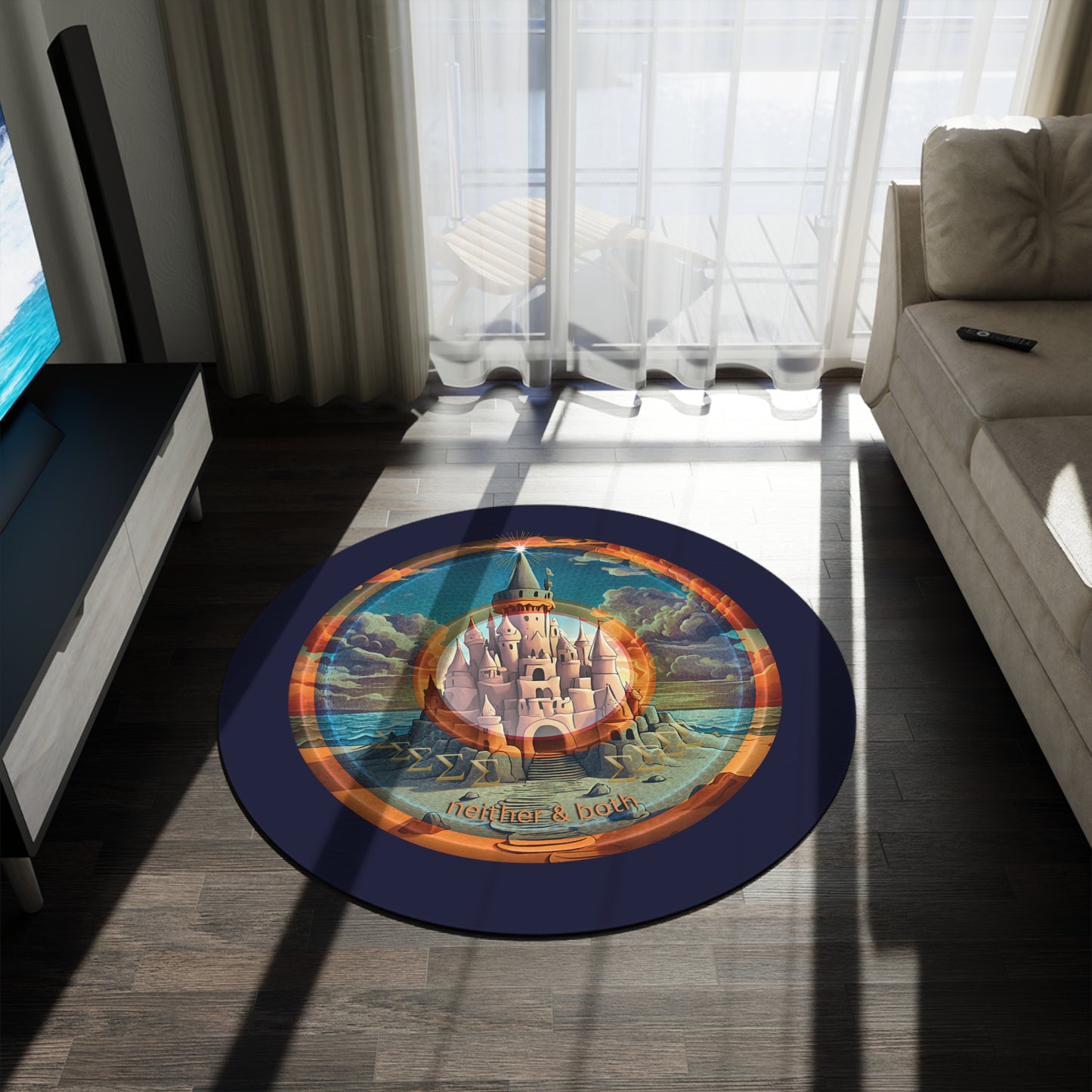Round Room - 5 ft x 5 ft Lumpy Donut Rug - "The Donut Rug that Tides Never Reached" - vivid orange/blue pic donut w/dark navy background - variant 2