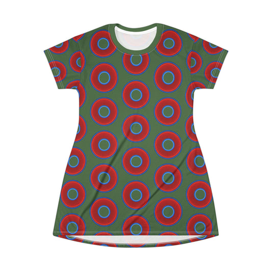 Not a Muumuu AOP Tee Shirt Dress - red vivid donuts w/dark Fenway green background