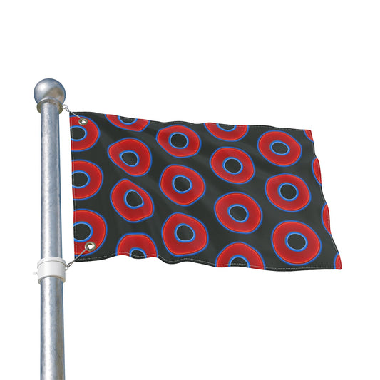 Lumpy Flagpole Sitters - Donut Flags [12" x 18"] - red vivid donut print w/midnight moss green background