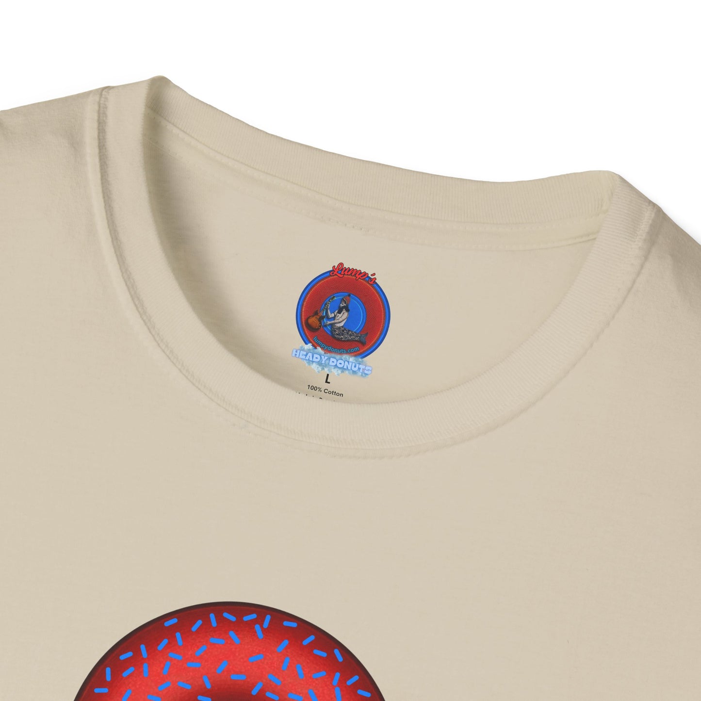Classic Donut Tee - Unisex Soft-Style - "Plain Plump Donut w/" - plump red donut w/blue sprinkles