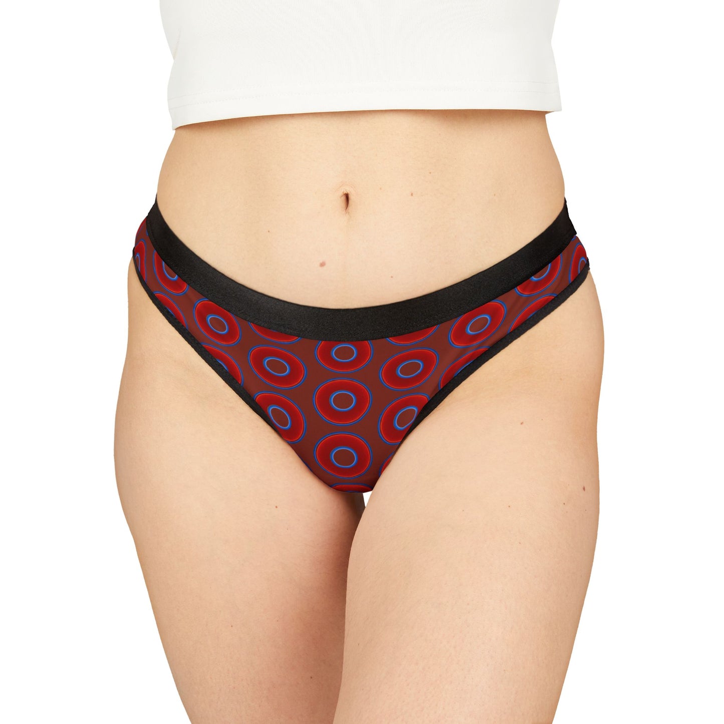 Lumpy Donut Thongs - red vivid donut print w/burnt umber background