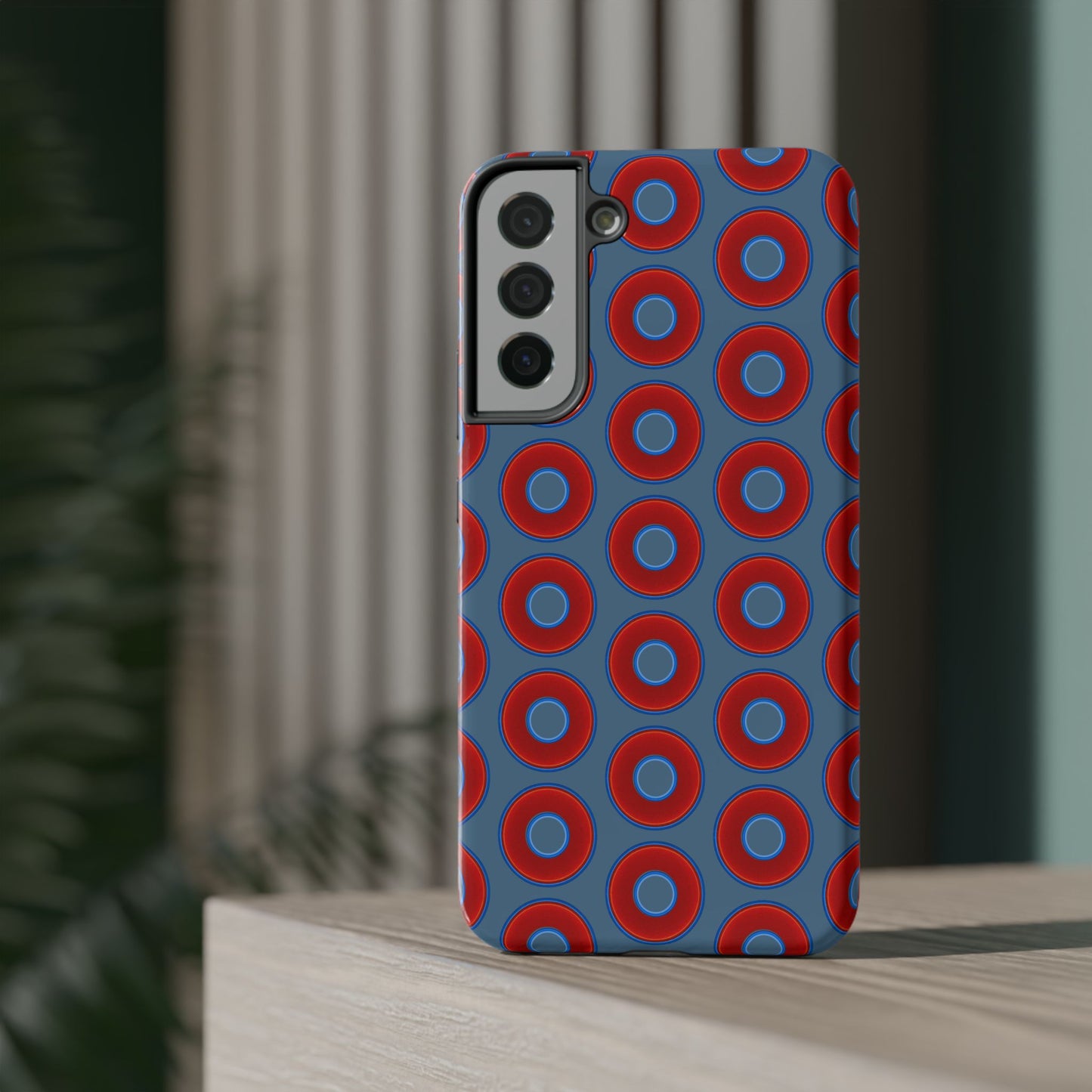Impact-Resistant Lumpy Donut Case - red vivid donut print w/steel blue background