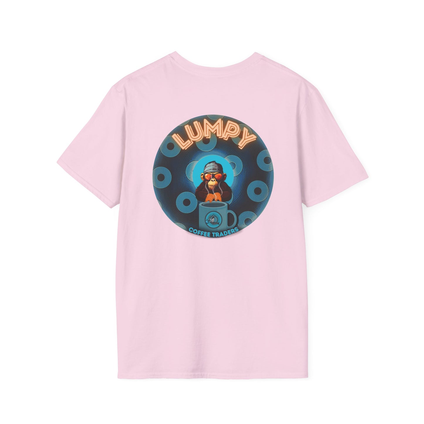 Lumpy Coffee Traders Tee - Unisex Soft-Style - "Good to Last Leaky Drop" - paradoxical donut - variant 2 - ocean donut front/logo back