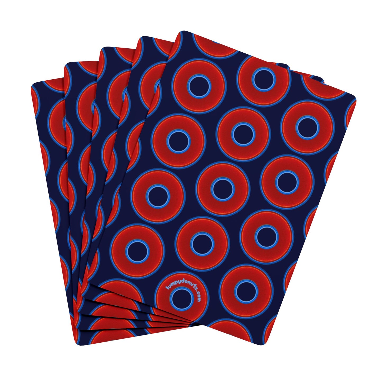 Lumpy Donut Playing Decks - 52-cards - red vivid donuts w/dark navy blue background