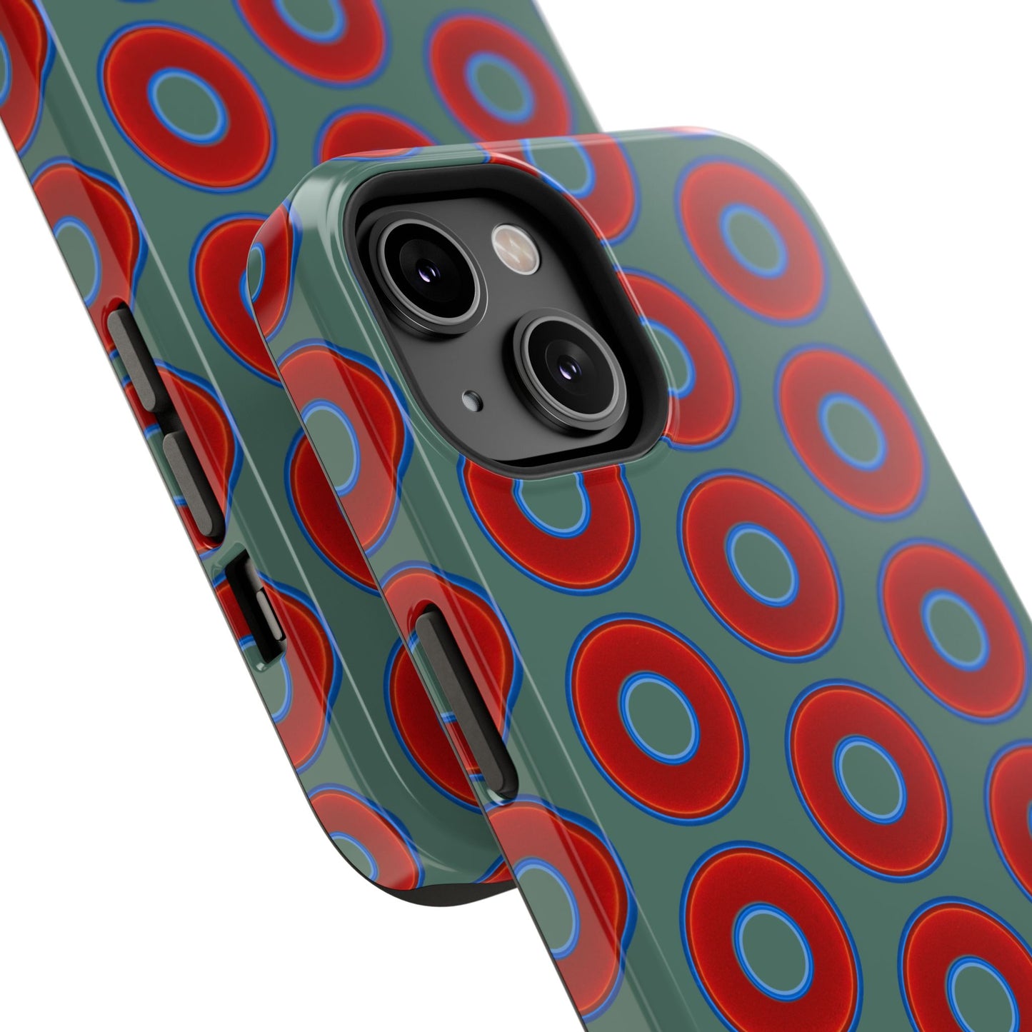 Impact-Resistant Lumpy Donut Case - red vivid donut print w/Fenway green background