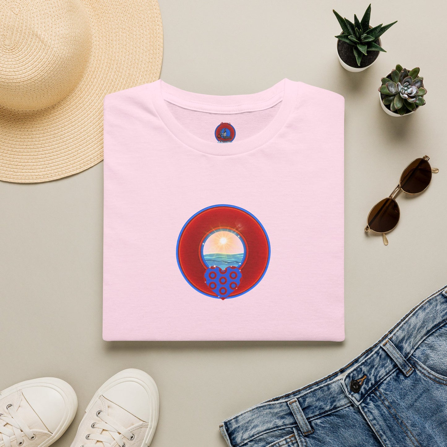 Classic Donut Tee - Unisex Soft-Style - "Ocean Donuts of Love" - vivid red donut - w/sun - variant 2