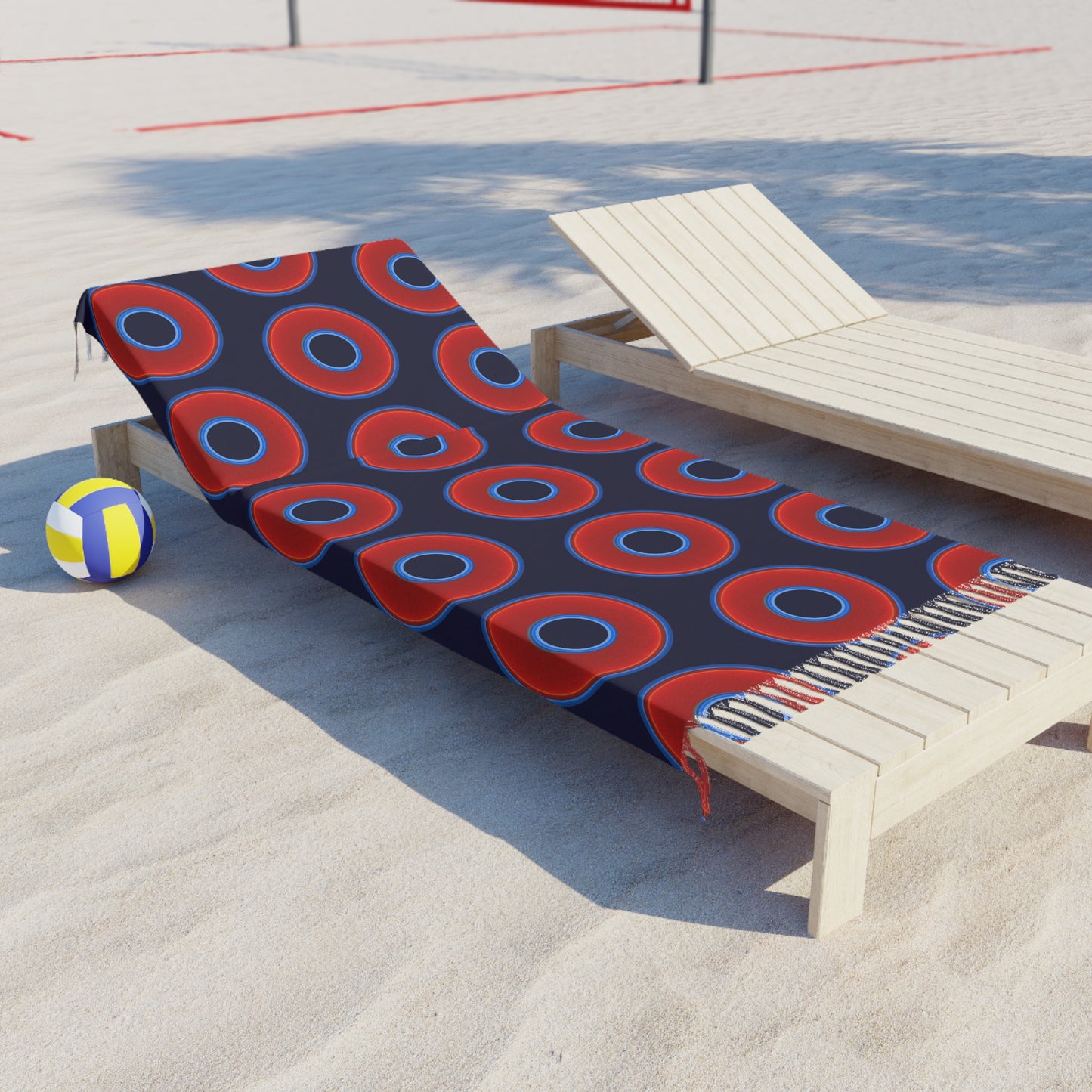 Oversized Lumpy Beach Towel - vivid red donuts w/midnight blue background