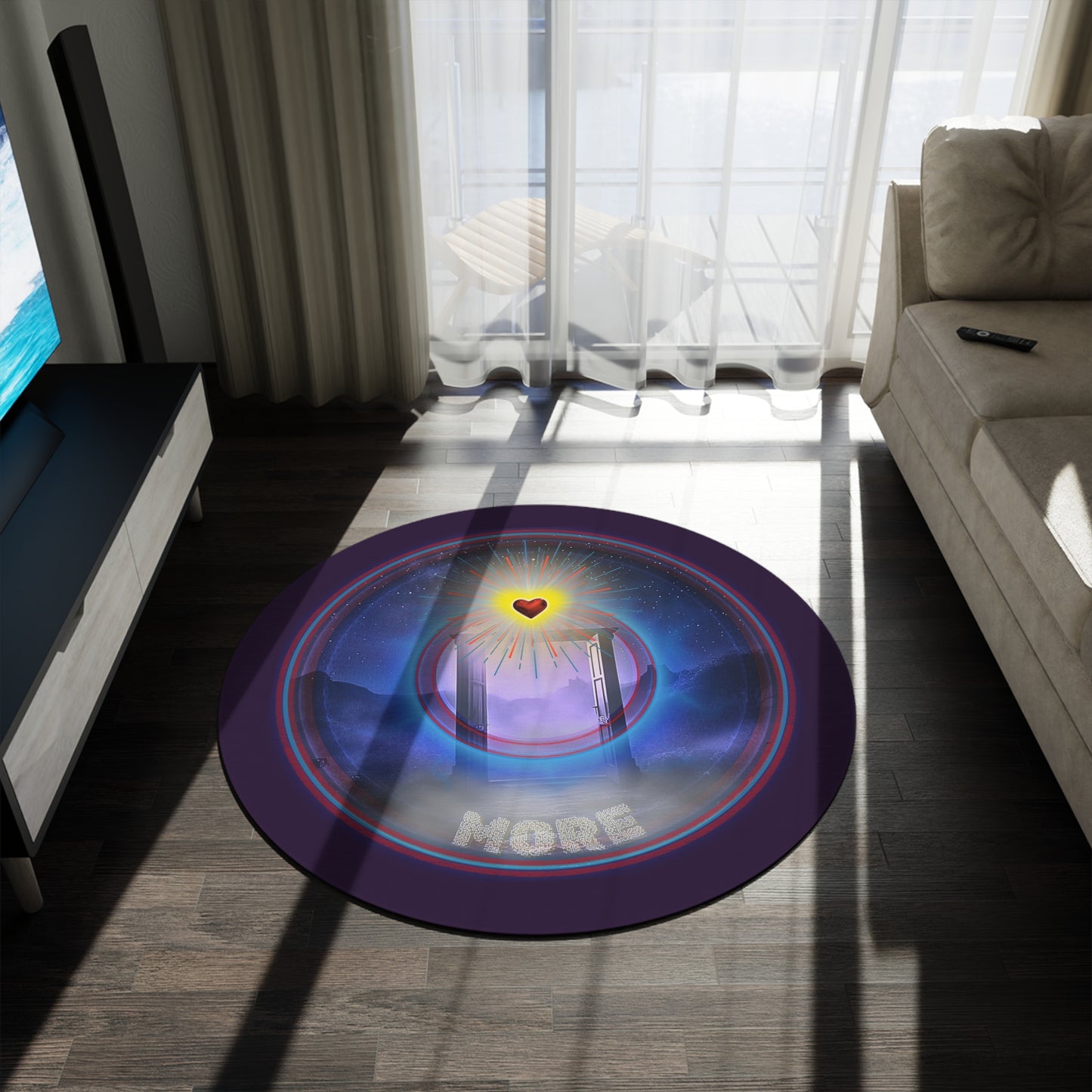 Round Room - 5 ft x 5 ft Lumpy Donut Rug - "The More Charitable Donut Rug" - vivid blue/red pic donut w/midnight purple background [*Charitable Donut]