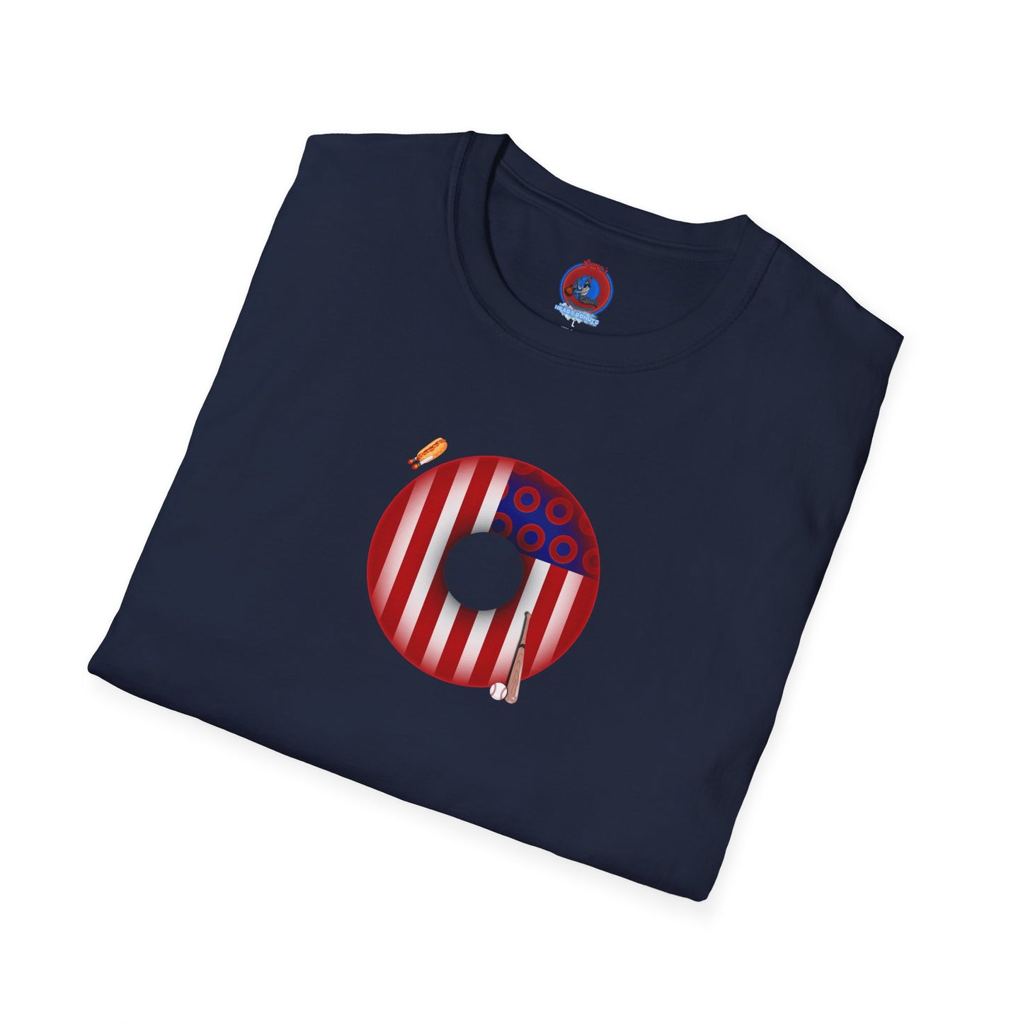 Classic Donut Tee - Unisex Soft-Style - "Uncle Sam's Donuts & Stripes" - vivid flag donut w/raw dogger