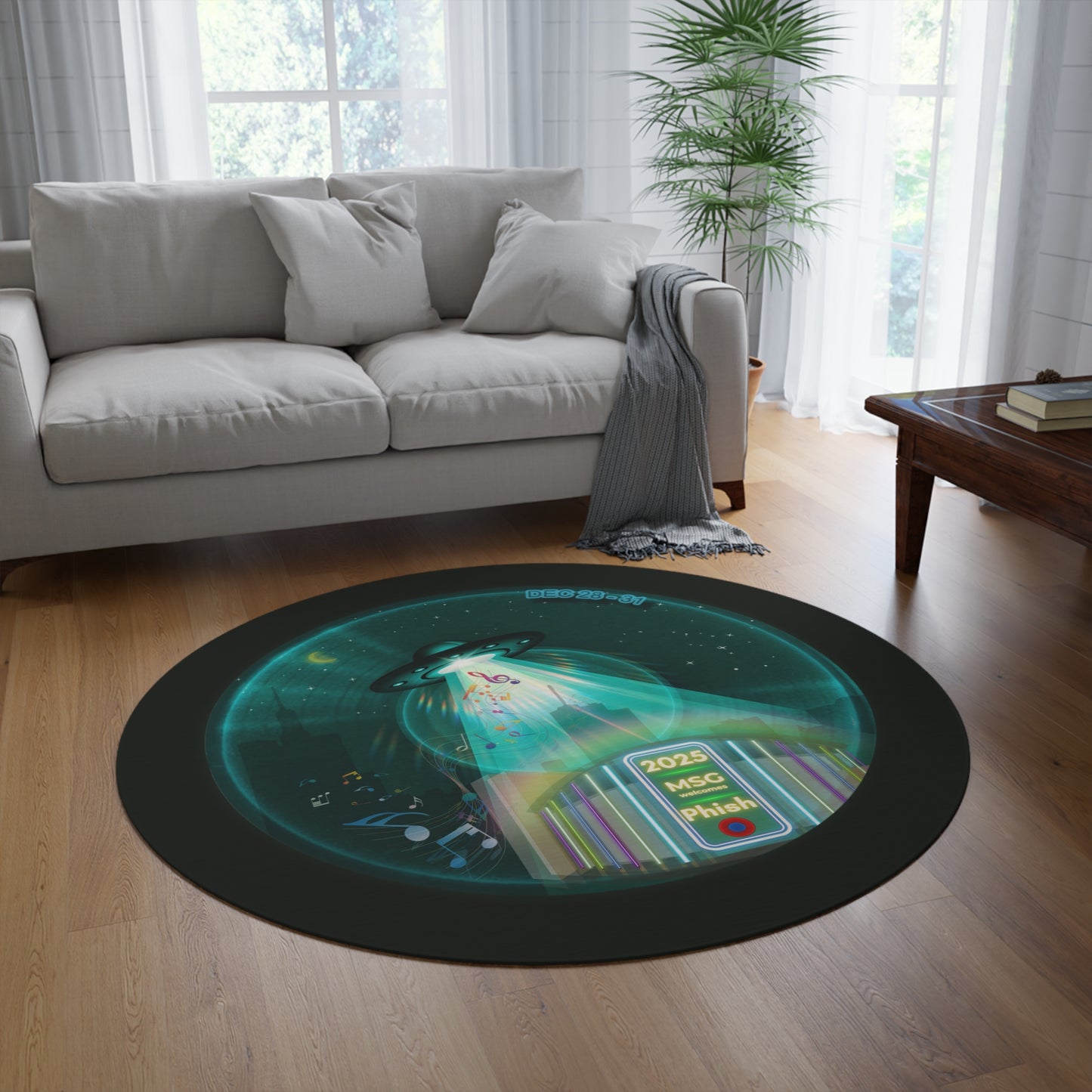 Round Room - 5 ft x 5 ft Lumpy Donut Rug - "Wendy's Preferred Donut Rug" - vivid dark teal/blue tube donut w/midnight moss background