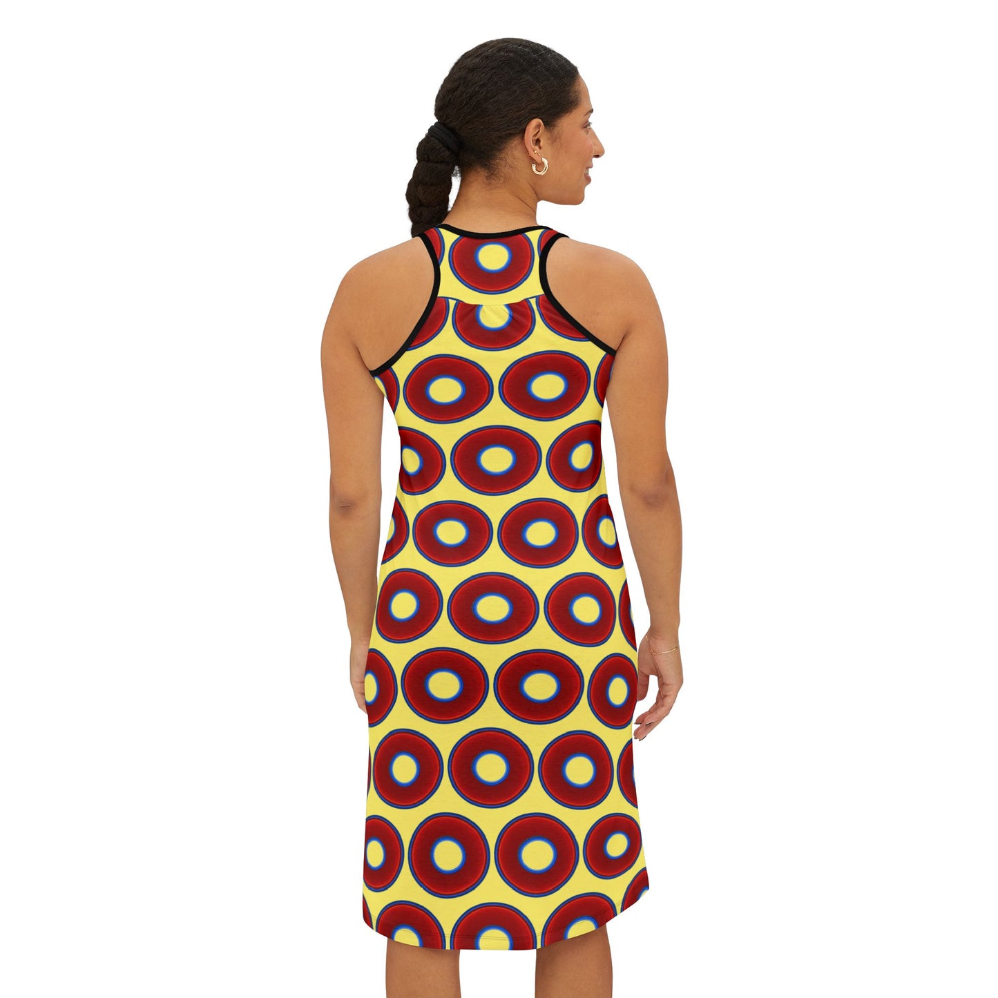 Tela's Lumpy Racerback Donut Dress - red vivid donut print w/yellow background