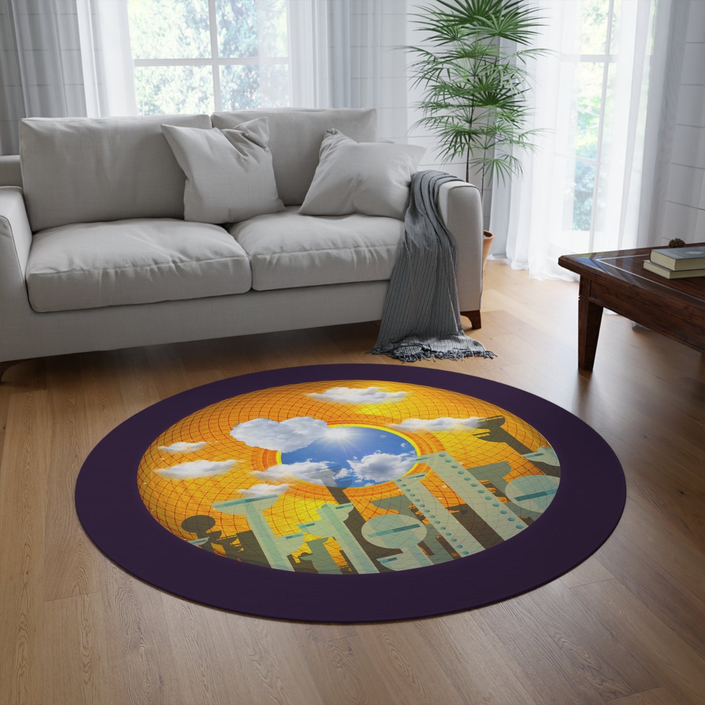 Round Room - 5 ft x 5 ft Lumpy Donut Rug - "The Golden Age of Donut Rugs" - vivid blue donut w/midnight purple background