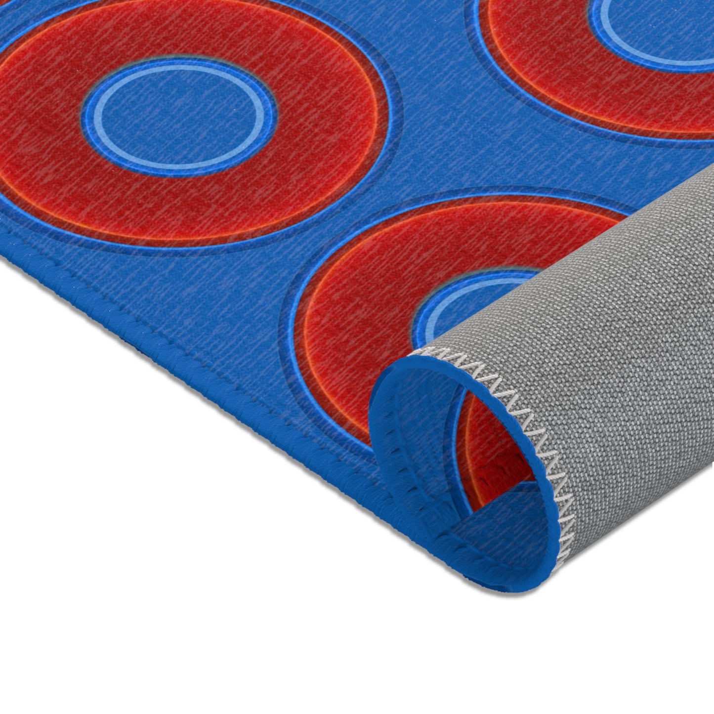 Lumpy Donut Print Rug - choice of 3 sizes - vivid red donut print w/dark royal blue background