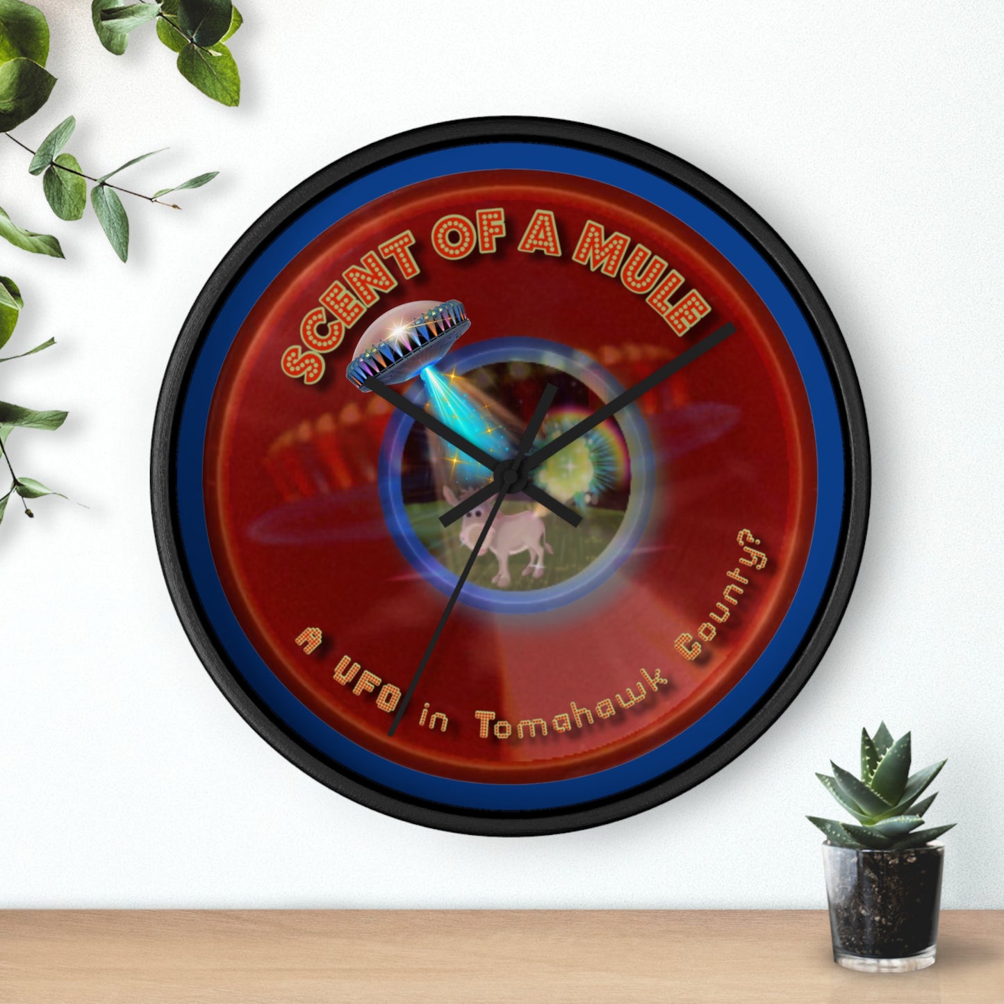 Lumpy Wall Clock - "Donut Clocks? In Tomahawk County?" - variant 3 - vivid red/blue donut w/dark blue background