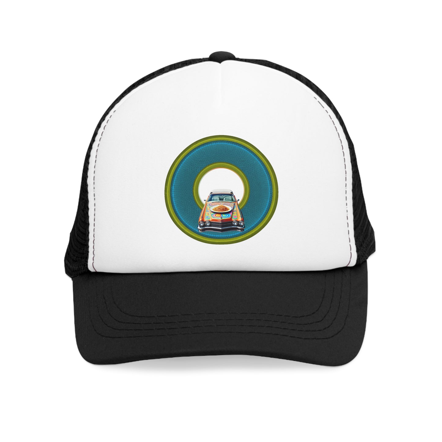 Lumpy Trucker Hat - "Cadillac Rainbows & Eating on the Run" - variant 3 - dark turquoise / olive green donut