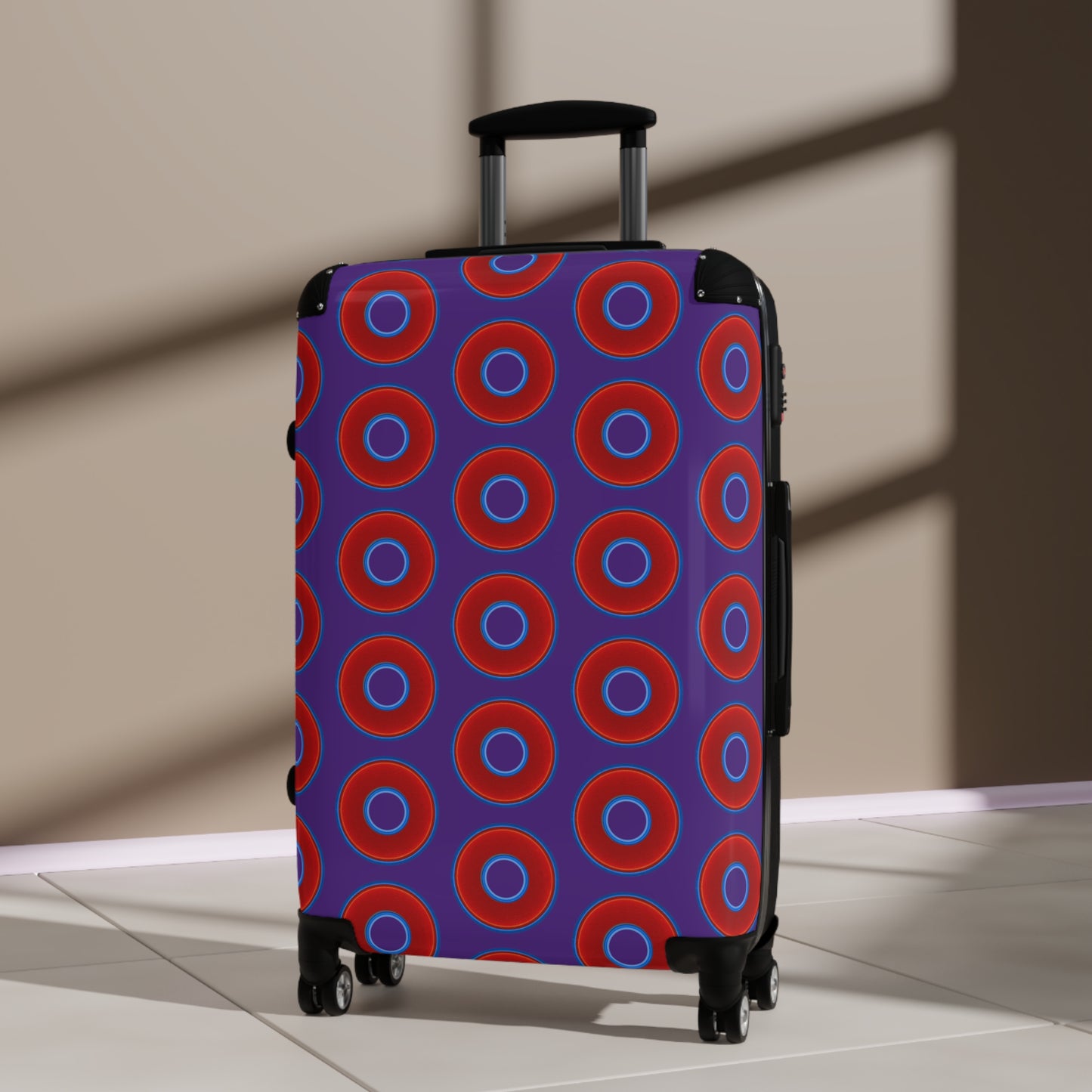 The Very Lumpy Donut Suitcase series - your choice of S, M or L - vivid red donut print w/dark purple background