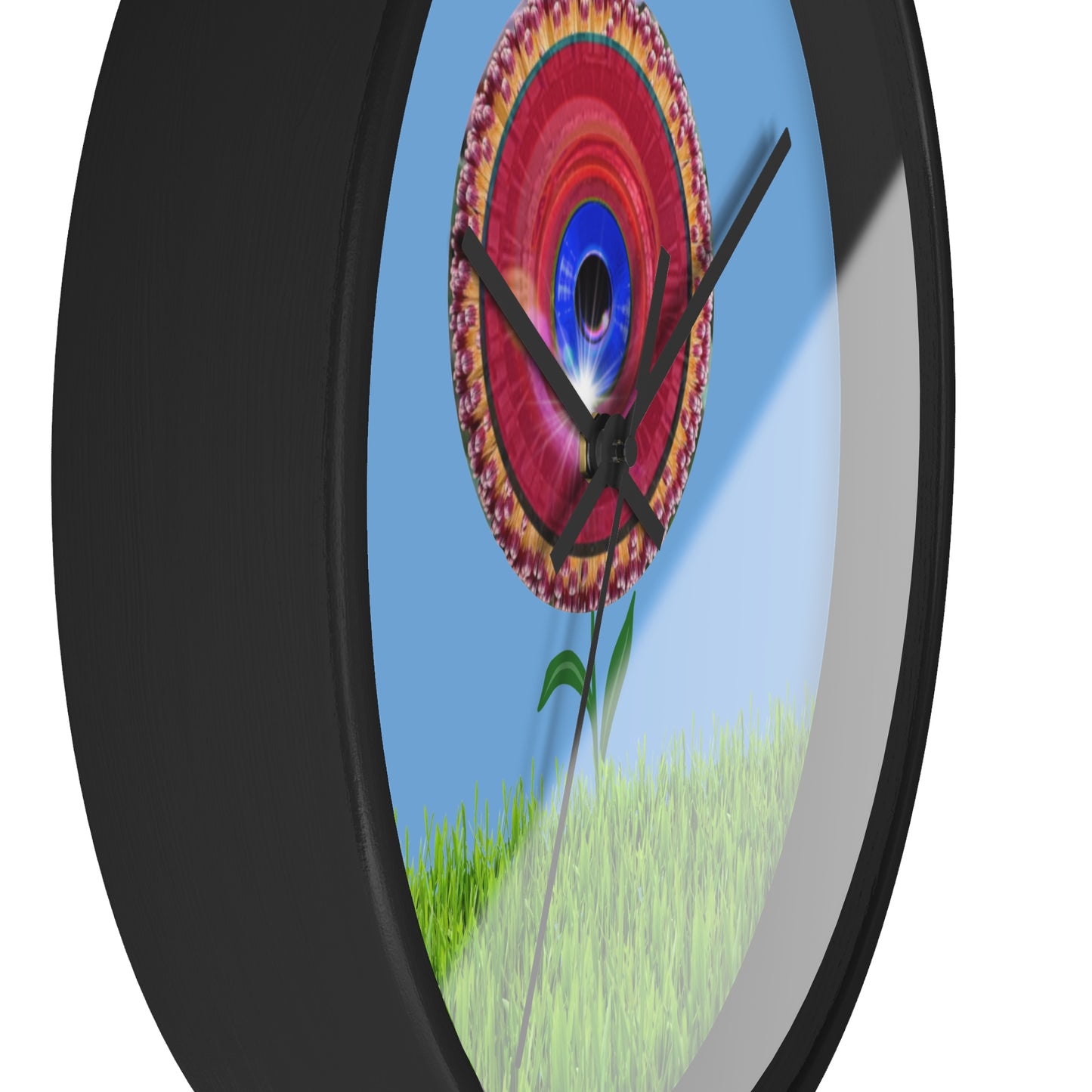 Lumpy Wall Clock - "Smell the Donuts Outside" - variant 1 - red vivid flour donut w/light blue background