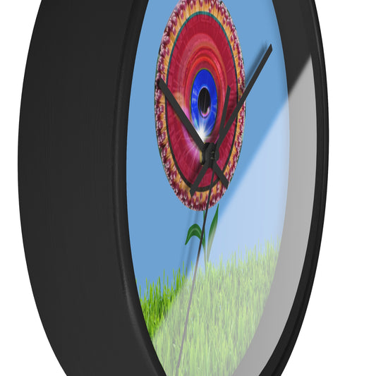 Lumpy Wall Clock - "Smell the Donuts Outside" - variant 1 - red vivid flour donut w/light blue background