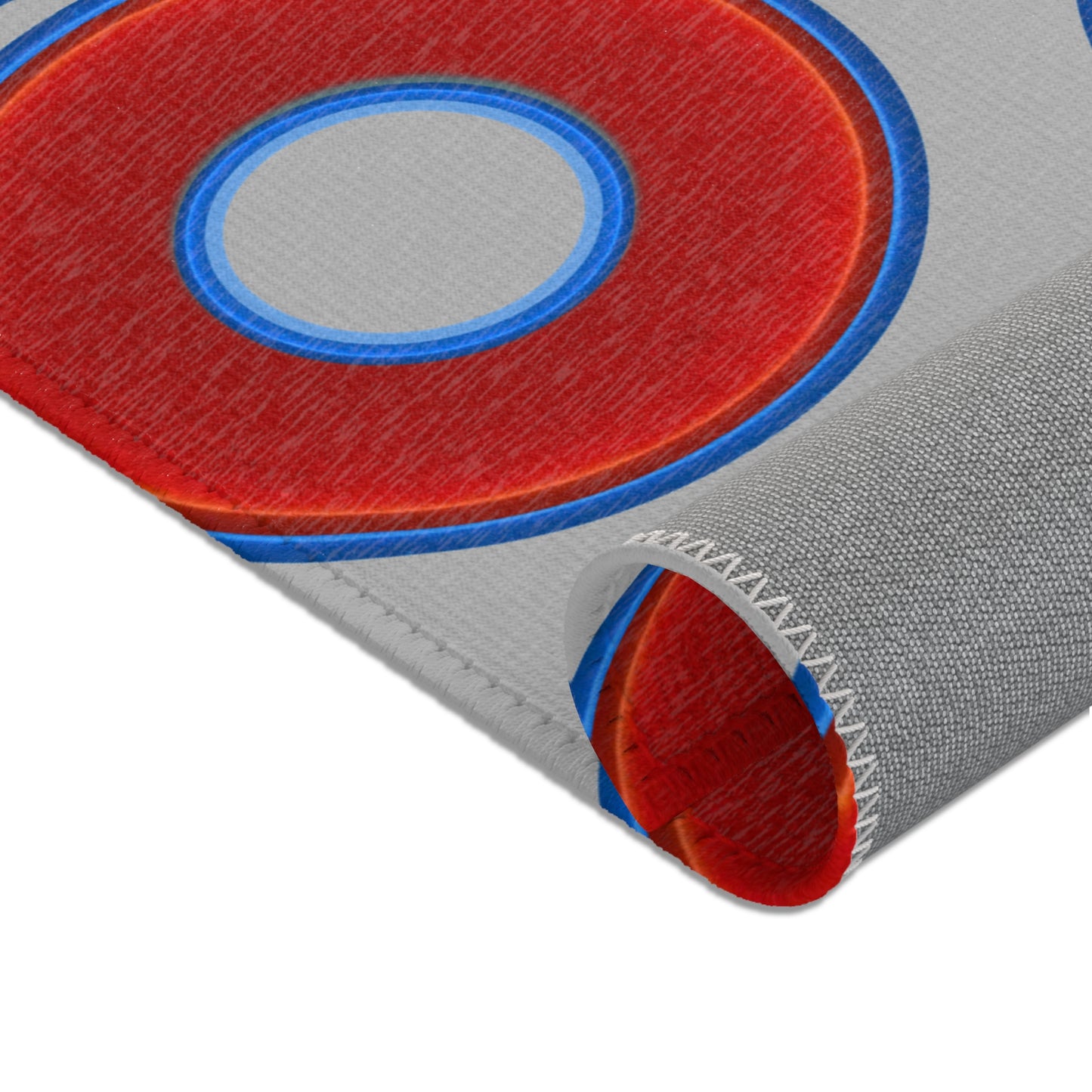 Lumpy Donut Print Rug - choice of 3 sizes - vivid red donut print w/light gray background