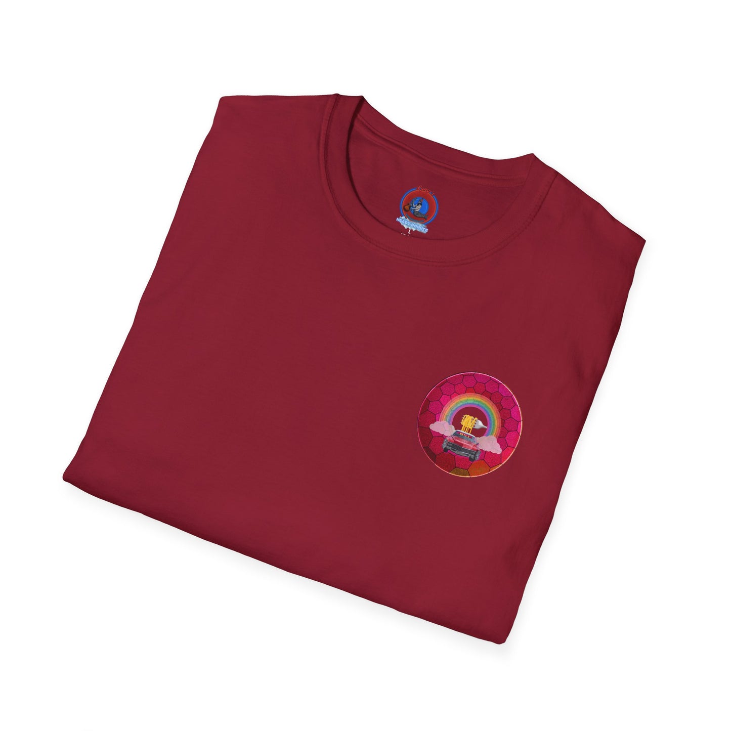 Classic Donut Tee - Unisex Soft-Style - "Cadillac Rainbows Donut Tee" - variant 1 - magenta hexadonut w/red caddy
