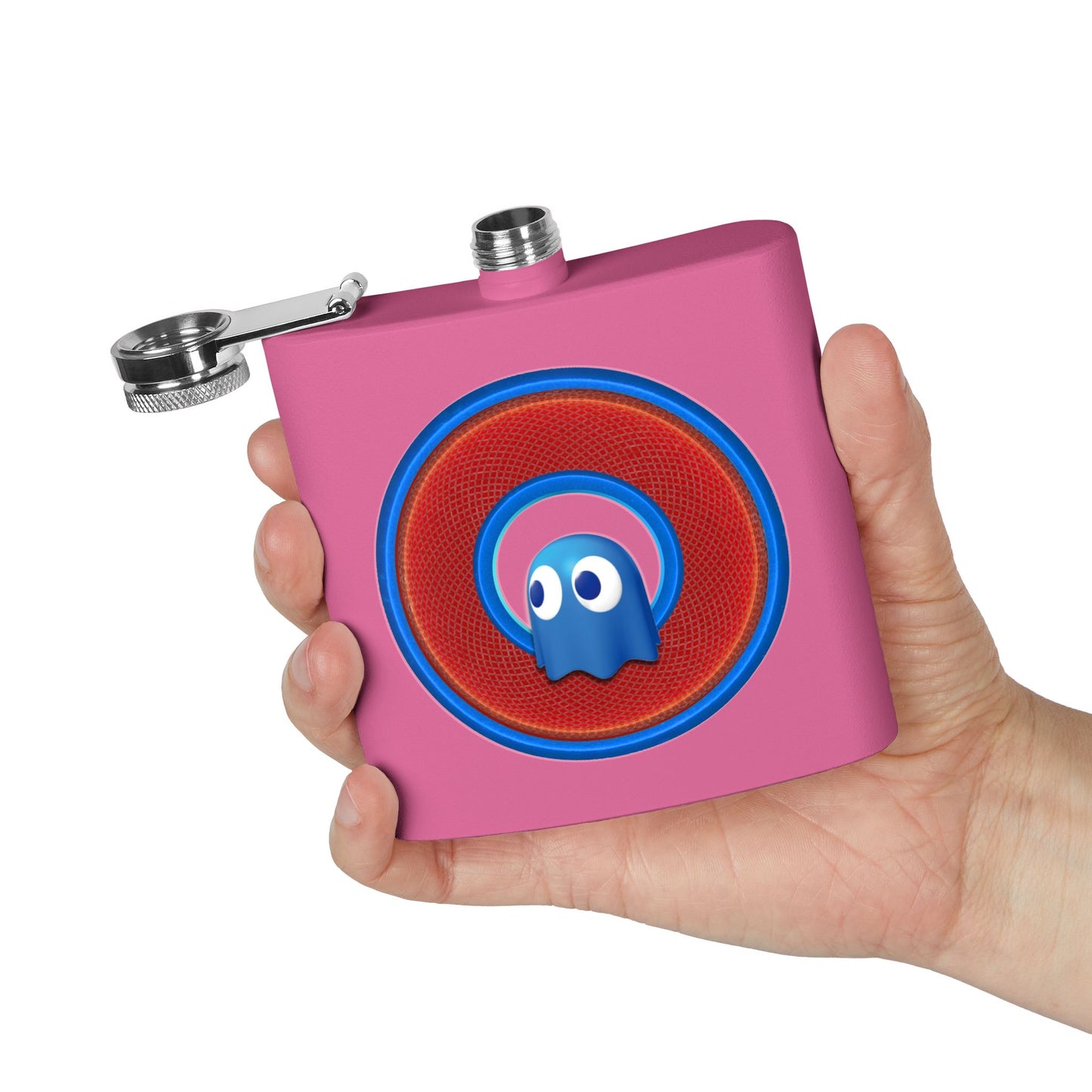 Lump's Donut Flask 6 oz -  "The Storied Donut Flask" - variant 1 - red/blue rustic donut - [*w/your choice of 6 backgrounds]