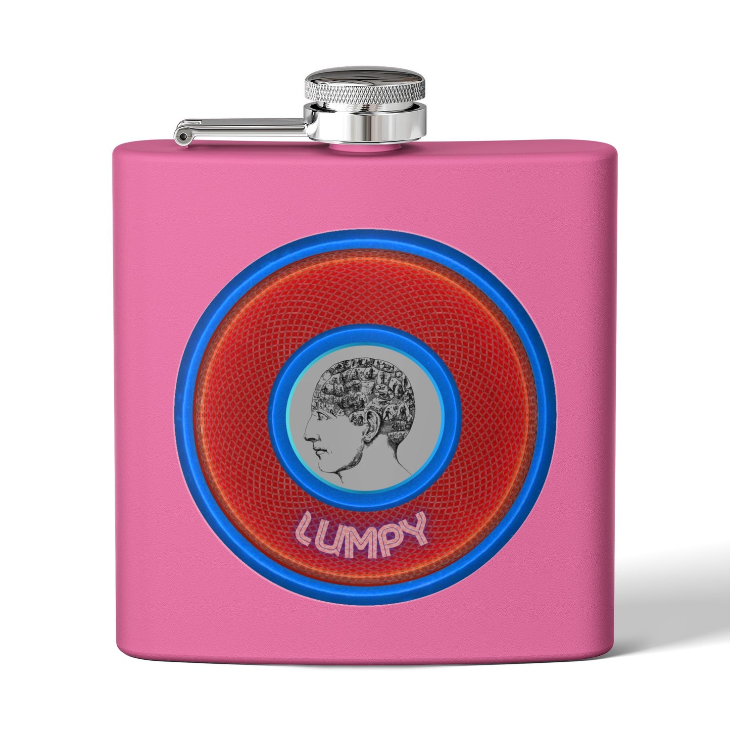 Lump's Donut Flask 6 oz -  "Our Lumpiest Flask" - red/blue rustic donut - [*w/your choice of 6 backgrounds]